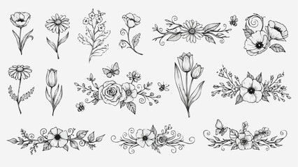 Collection of Hand Drawn Botanical Floral Elements and Bouquets.