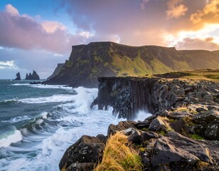 Rocky coastline meets ocean's waves under a cloudy sunset sky
