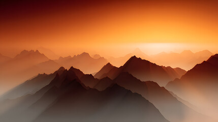 Golden Mountain Silhouette: Witness the grandeur of layered mountains under a fiery sunset sky, with the sun casting a warm glow, evoking feelings of serenity and wonder.