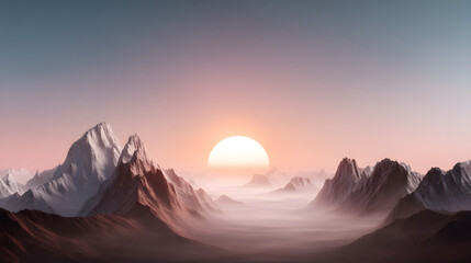 Crimson Sunset Over Mountains: A breathtaking vista unfolds as the sun dips below the rugged peaks, painting the sky with fiery hues. The valleys below are shrouded in mist.