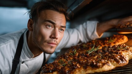 A chef checks on baking pizzas in a hot oven, close-up with thoughtful gaze