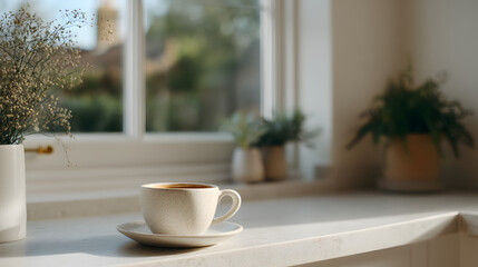 Serene Coffee Moment: A close-up view captures a simple coffee cup and saucer set against a sun-drenched windowsill, flanked by soft greenery, embodying peaceful tranquility.