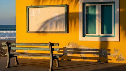 window in the church, window in the old house, yellow and blue windows, empty bench on the beach, Empty bulletin board on yellow wall beside teal window. Wooden bench sits on pavement. Outdoor info sp