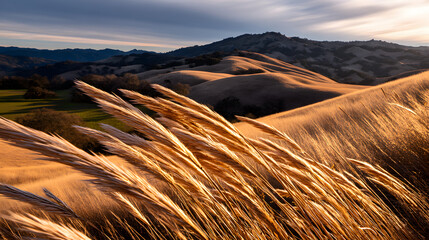 Golden Fields: A breathtaking panorama unfolds as sunlight bathes golden fields in a warm embrace, with a backdrop of rolling hills.