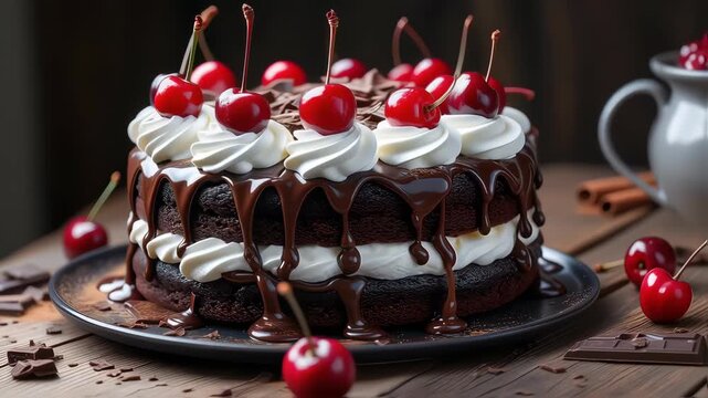 a black forest cake topped with whipped cream and cherries