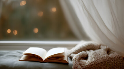 Cozy Reading Nook: An open book, nestled beside a warm blanket by a window, invites to a realm of relaxation and knowledge. With soft curtains in the backdrop.