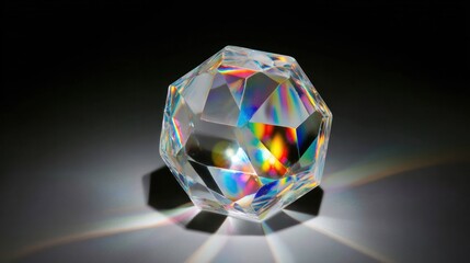 A crystal icosahedron that refracts rainbow light against a dark background, with a clear composition. STEM Education Table.