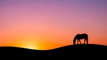 Fototapeta premium Silhouette of Horse at Sunset Nature Landscape Grazing. Concept featuring horse, sunset, silhouette, nature, landscape.