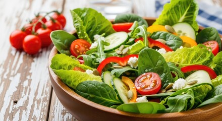 Vibrant, fresh garden salad bursting with colorful vegetables and creamy feta cheese in a rustic wooden bowl, perfect for healthy eating lifestyle content.
