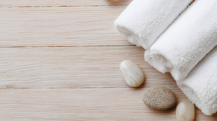 Serene Spa Composition: Close-up of rolled white towels and smooth stones arranged on a light wood surface, exuding calmness and relaxation.