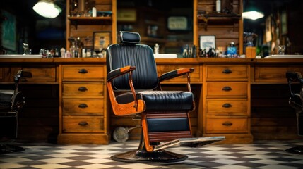 Professional barber shop interior featuring a single classic chair and clean station with tools. lifestyle magazines.
