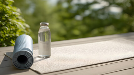 Yoga Setup: Tranquility in the Morning: A yoga mat and water bottle invite relaxation and wellness, set against the backdrop of a bright morning.