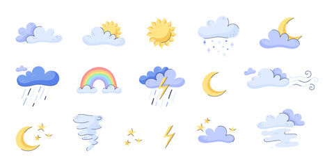 Obraz premium Set of weather elements. Hand drawn icons of the sun, clouds, rain, wind, thunderstorms, stars and moon. Weather forecast for mobile apps and websites. Doodle vector illustration. Suitable for prescho