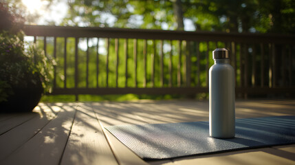 Serene Hydration: A sleek, stainless steel water bottle rests gracefully on a yoga mat outdoors, symbolizing wellness and mindful living, with the vibrant backdrop of a sunny green environment.