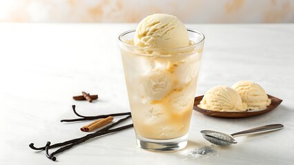 Vanilla Ice Cream in Glass with Cinnamon Sticks and Nutmeg on White Table