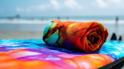 A colorful rolled-up rashguard resting on a surfboard at the beach. event key visuals, club posters, designed for fitness apps and gym onboarding, drives event promotion.