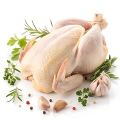 Raw Chicken with Herbs and Spices on White Background