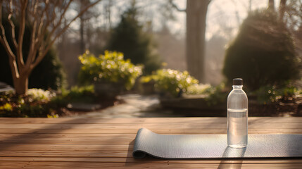 Serene Morning Routine: A yoga mat and water bottle invite a tranquil start to the day. The scene embodies wellness, self-care, and the balance of body and mind.