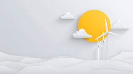 Clean Energy and Environmental Harmony: A minimalist, artistic rendition of wind turbines set against a sunny sky, symbolizing renewable energy and environmental consciousness.