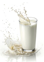 Milk Splashing out of Glass on White Background
