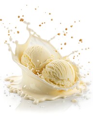 Vanilla Ice Cream Scoops Splashing in Milk