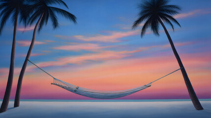 Tranquil Sunset Hammock: A serene beach scene at dusk, featuring a hammock strung between two palm trees, against a backdrop of a vibrant sunset sky, inviting relaxation.
