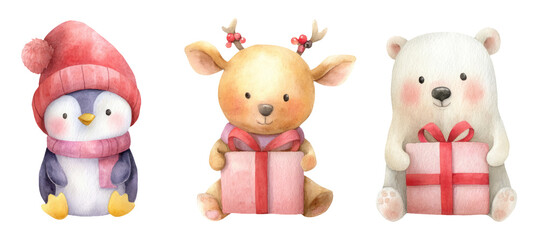 Cute Watercolor Penguin with Knitted Hat and Friends in Holiday Spirit