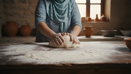 Woman Kneading Dough in Kitchen.