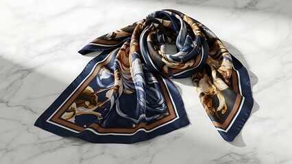 Elegant silk scarf with floral design on marble surface