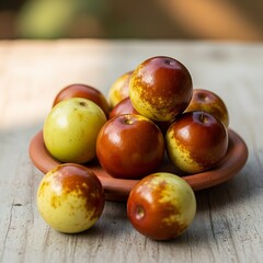 Indian jujube fruits in terracotta plate on wood surface