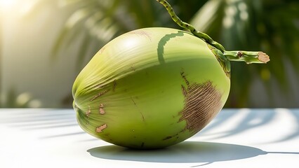 Fresh green coconut resting on sunlit white surface