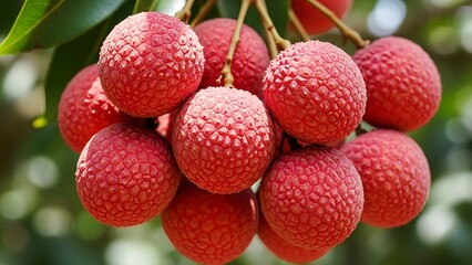 Ripe lychee cluster hanging from tropical tree branch