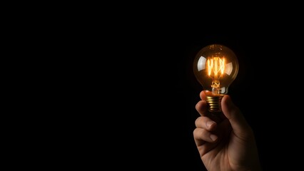 Hand holding glowing light bulb in darkness.