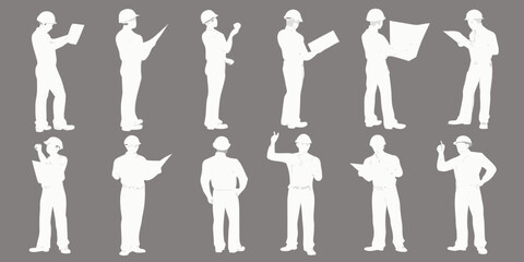 Silhouettes of construction workers in various poses and uniforms