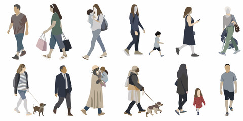 Fototapeta premium Minimalist figures of people walking with variations in posture and clothing