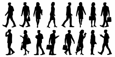Obraz premium Diverse group of people silhouettes walking and interacting in urban settings