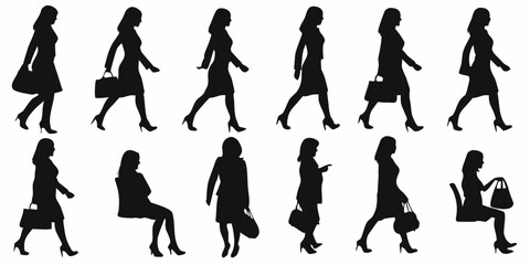 Silhouettes of a woman walking and posing in various positions