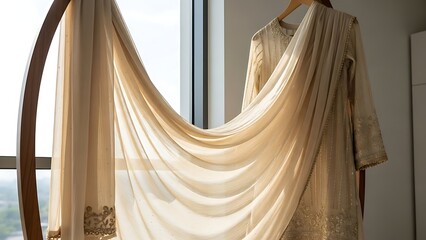 embroidered cream tunic with sheer dupatta display