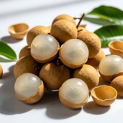 peeled longan fruits with shells and leaves