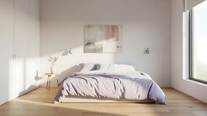 lavender duvet bedroom with natural light accents