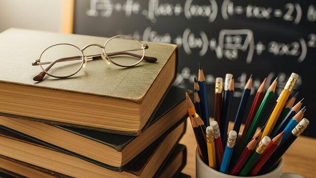 Books eyeglasses pencils chalkboard classroom study - Powered by Adobe
