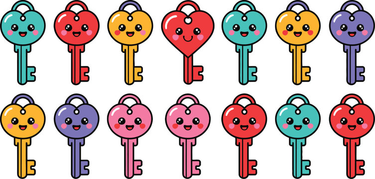 A collection of cute cartoon keys featuring colorful heart-shaped tops and smiling faces