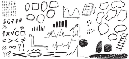 Hand drawn business collage elements with charts, symbols, and doodles in black, white, charcoal, ideal for New Year planning, Finance Day, and startup events. Vector illustration