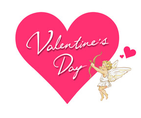 Valentine's Day material: Pink heart. Cupid with a bow and arrow.