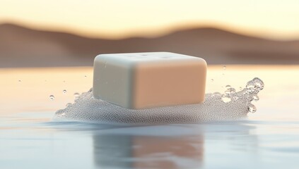 Cube hovering on water with splash against blurred landscape