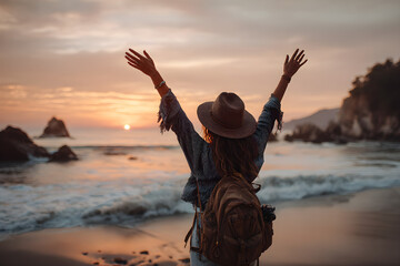woman with her arms raised, enjoying the sunset at the beach