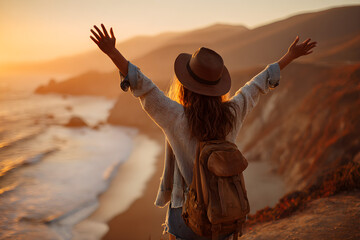 woman with her arms raised, enjoying the sunset at the beach