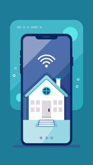 Smart home control interface on smartphone screen with wireless connection symbol