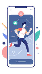 Fitness tracking app interface on smartphone showing a person running with health data icons