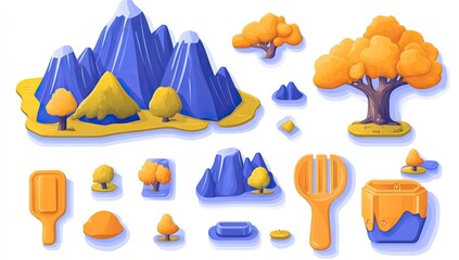 Cartoon landscape elements mountains, trees, rocks, box